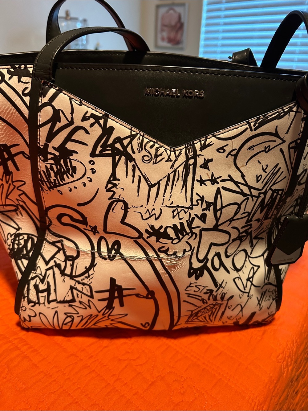 Michael Kors white and Black Graffiti Leather Tote
